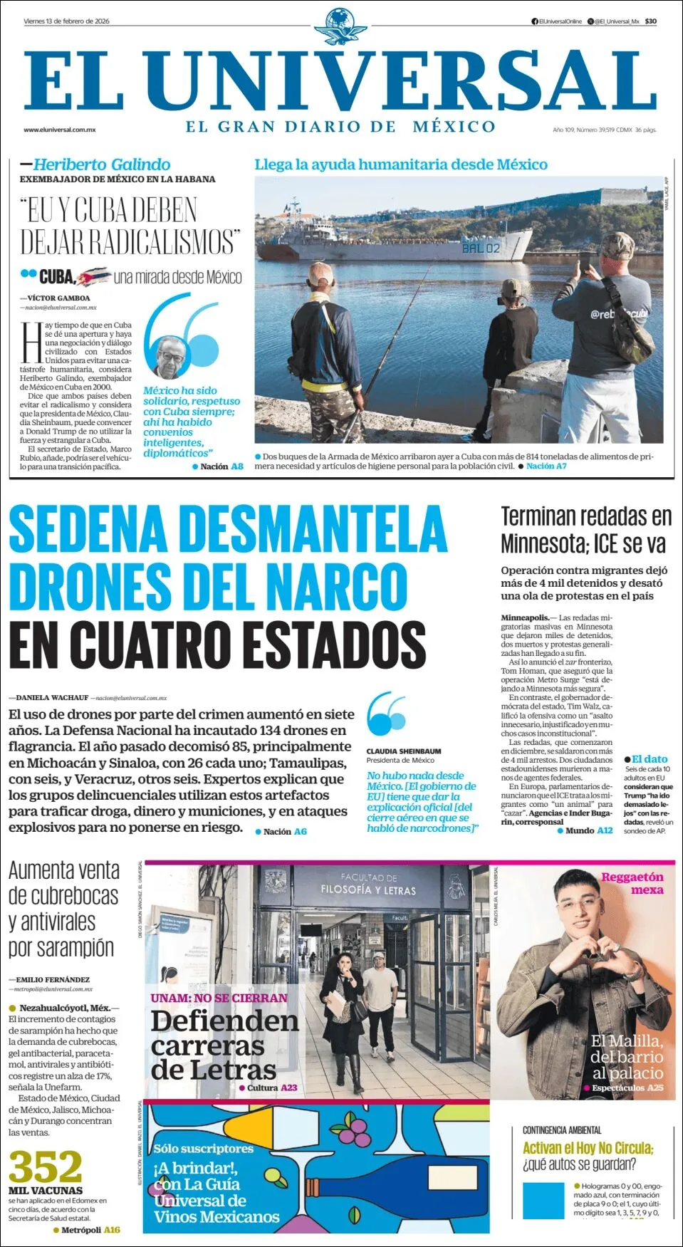 Portada de El Universal del viernes, 13 de febrero de 2026