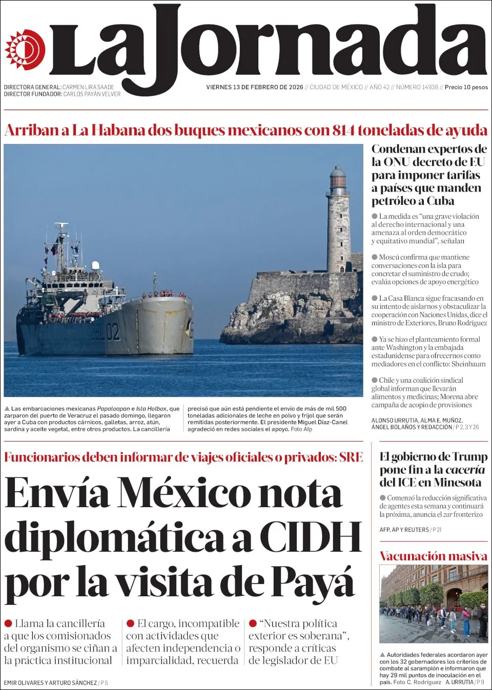 Portada de La Jornada del viernes, 13 de febrero de 2026