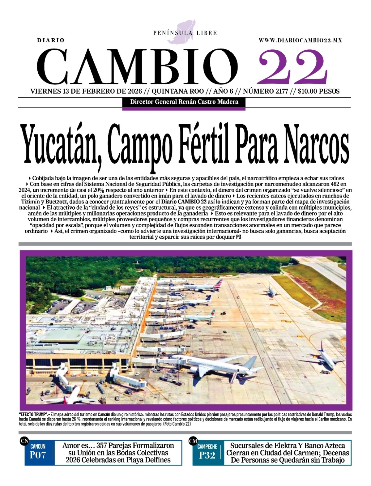 Portada de Diario Cambio 22 (portada) del viernes, 13 de febrero de 2026