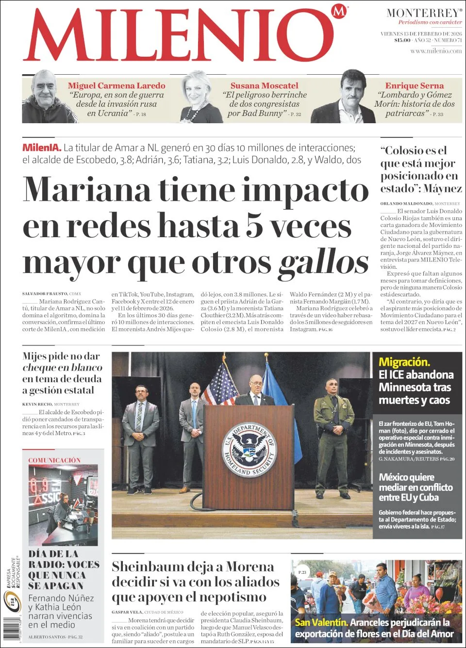 Portada de Milenio del viernes, 13 de febrero de 2026