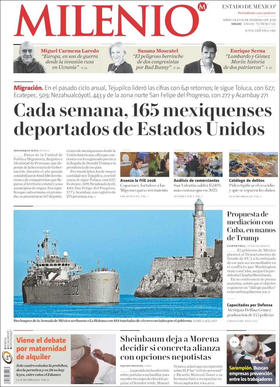 Portada de Milenio Edo de Mexico del viernes, 13 de febrero de 2026