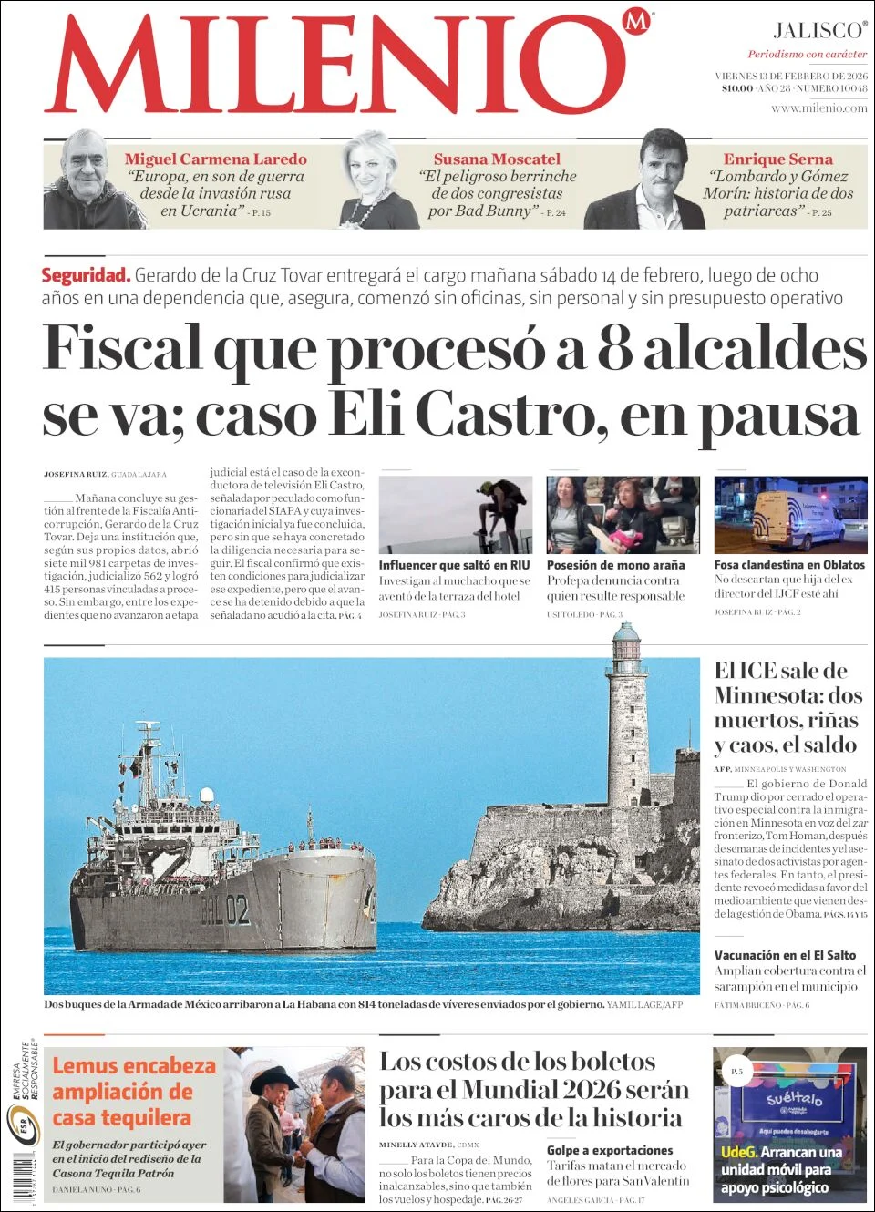 Portada de Milenio Jalisco del viernes, 13 de febrero de 2026
