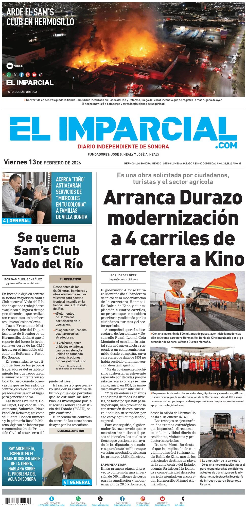 Portada de El Imparcial del viernes, 13 de febrero de 2026