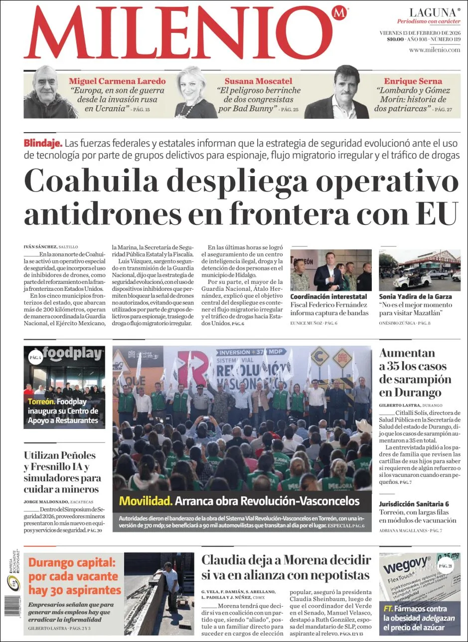 Portada de Milenio Laguna del viernes, 13 de febrero de 2026