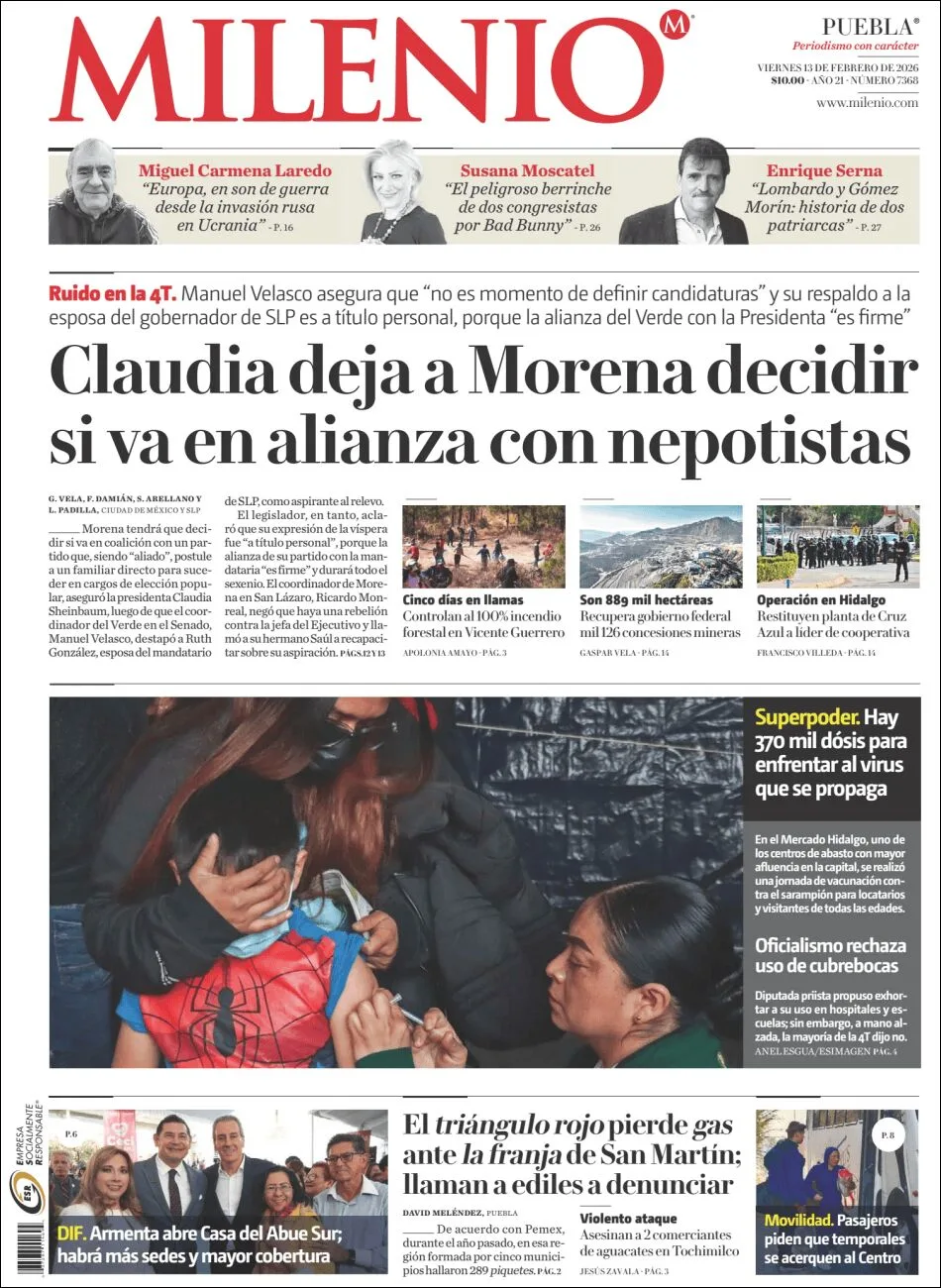 Portada de Milenio Puebla del viernes, 13 de febrero de 2026
