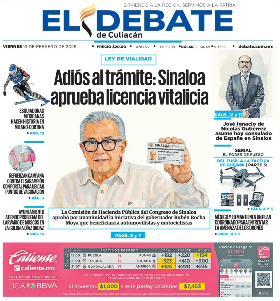 Portada de El Debate de Culiacan del viernes, 13 de febrero de 2026
