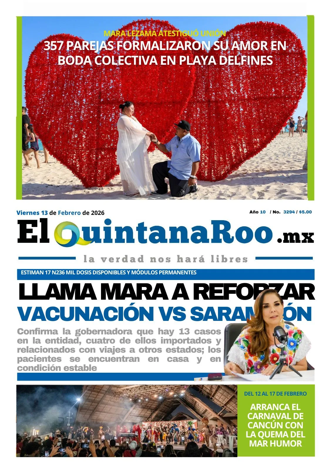 Portada de El Quintana Roo (portada) del viernes, 13 de febrero de 2026