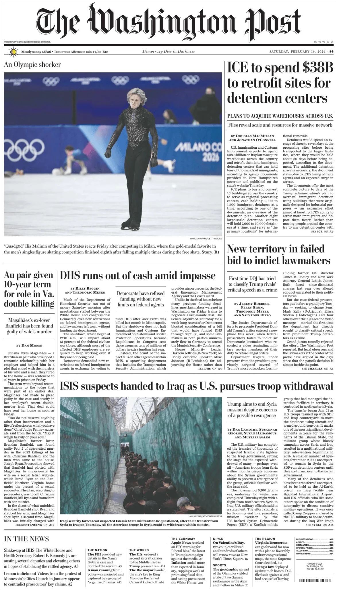 Portada de The Washington Post del sábado, 14 de febrero de 2026
