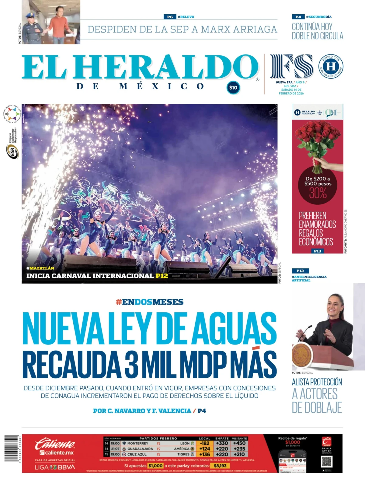 Portada de El Heraldo de Mexico del sábado, 14 de febrero de 2026