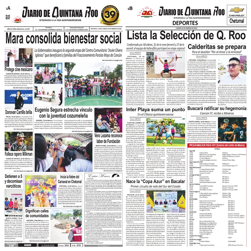 Portada de Diario de Quintana Roo (portada) del sábado, 14 de febrero de 2026