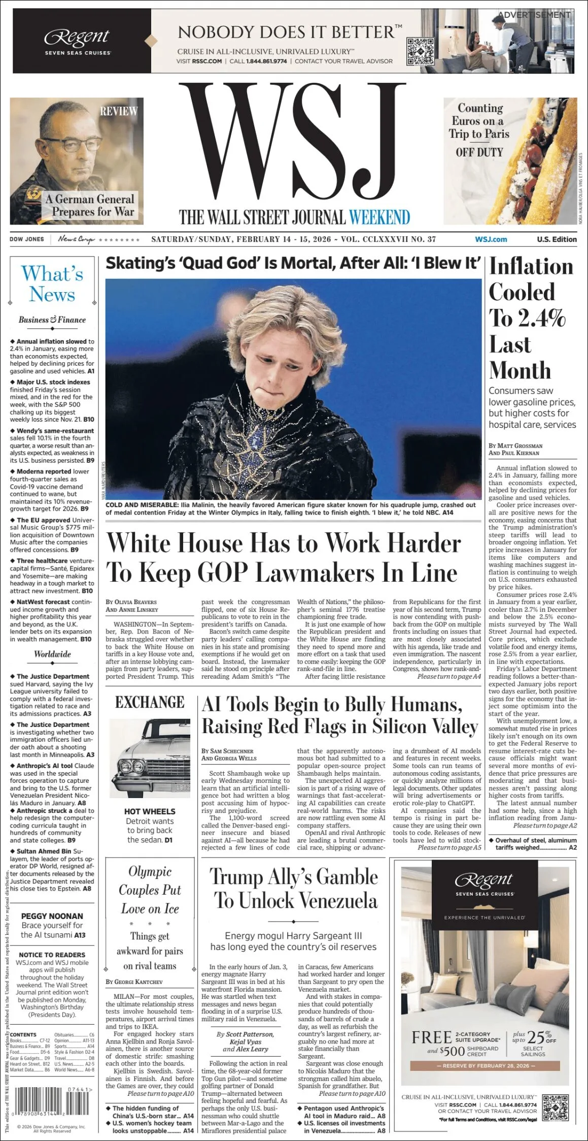 Portada de The Wall Street Journal del sábado, 14 de febrero de 2026