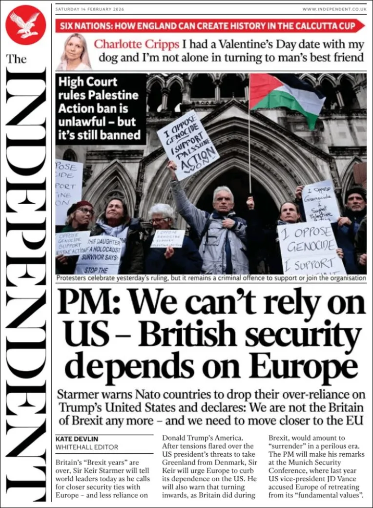 Portada de The Independent del sábado, 14 de febrero de 2026