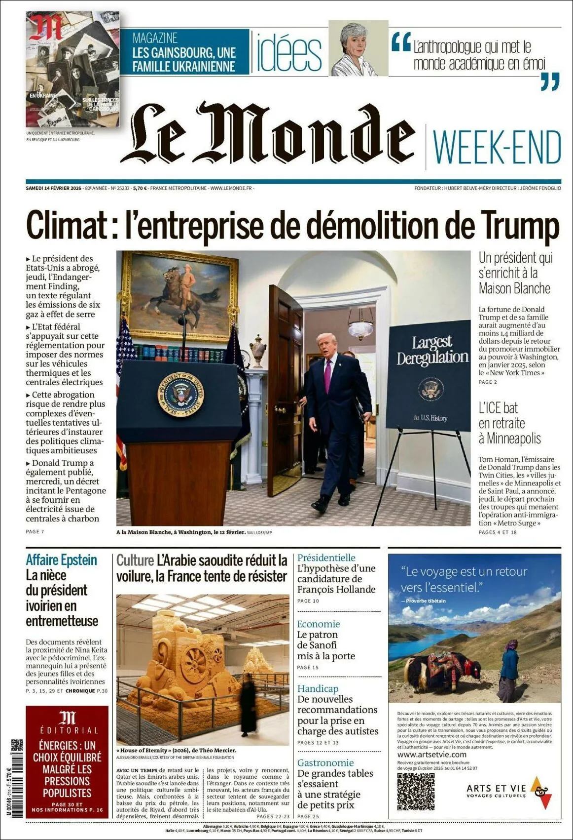Portada de Le Monde del sábado, 14 de febrero de 2026