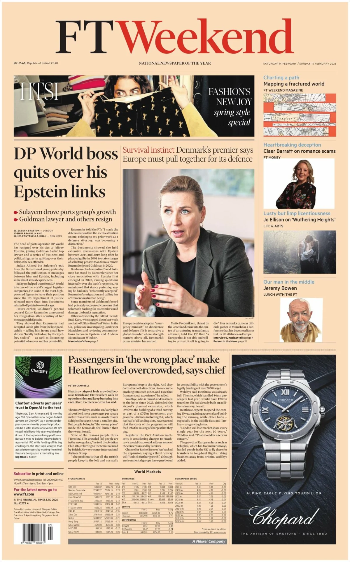Portada de Financial Times del sábado, 14 de febrero de 2026