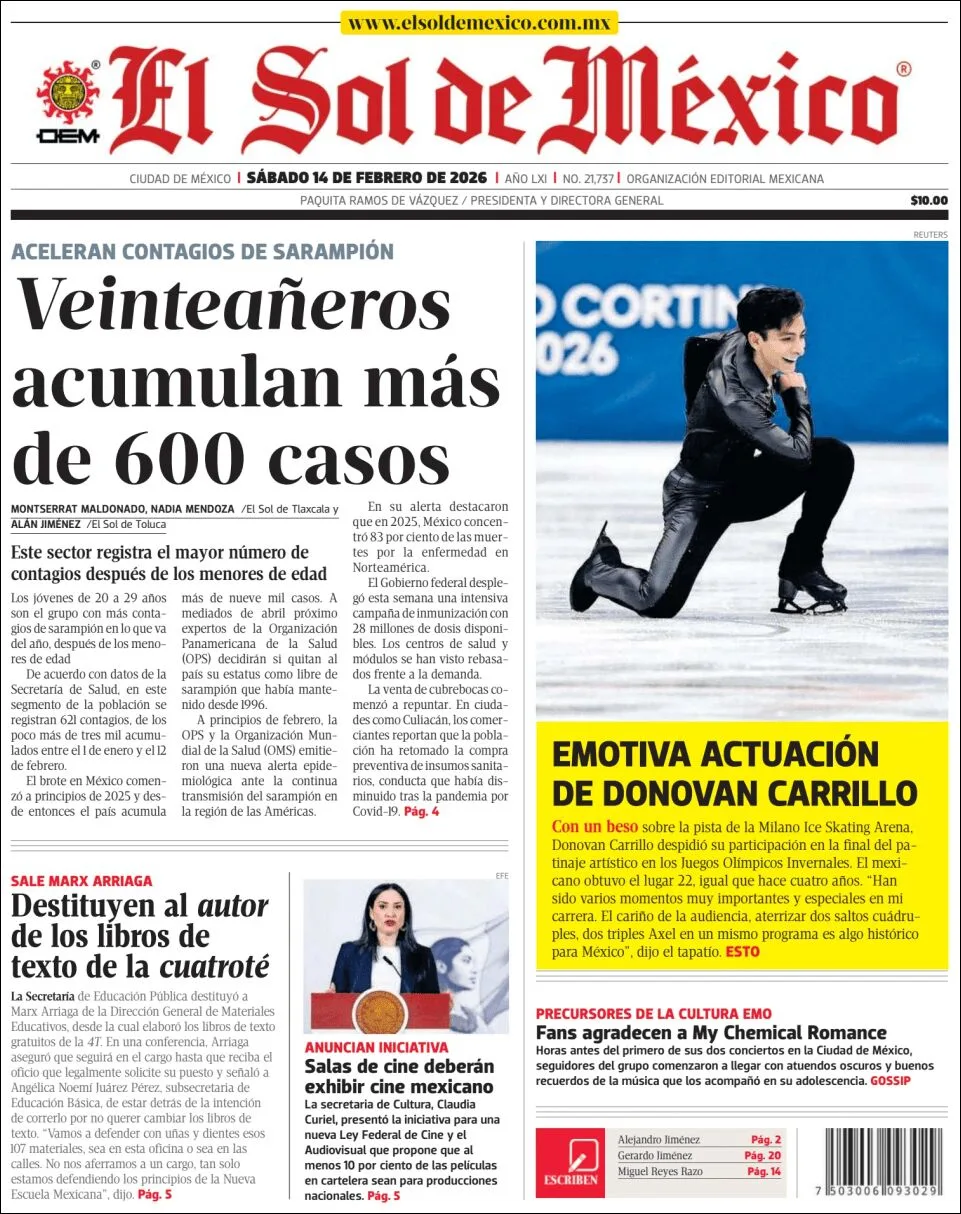 Portada de El Sol de Mexico del sábado, 14 de febrero de 2026