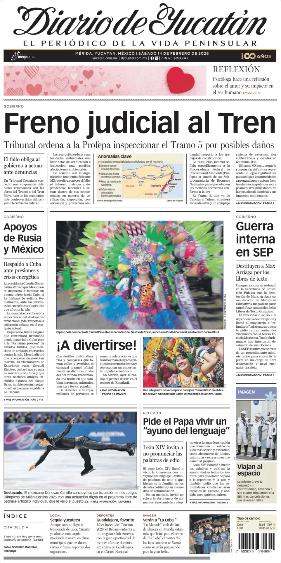 Portada de Diario de Yucatán del sábado, 14 de febrero de 2026