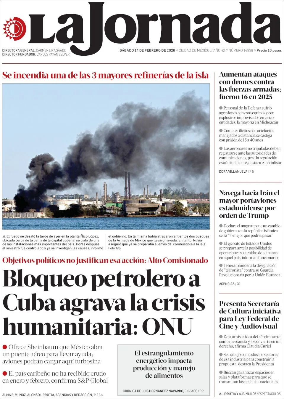 Portada de La Jornada del sábado, 14 de febrero de 2026