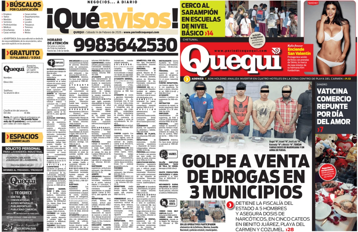 Portada de Quequi (contraportada) del sábado, 14 de febrero de 2026