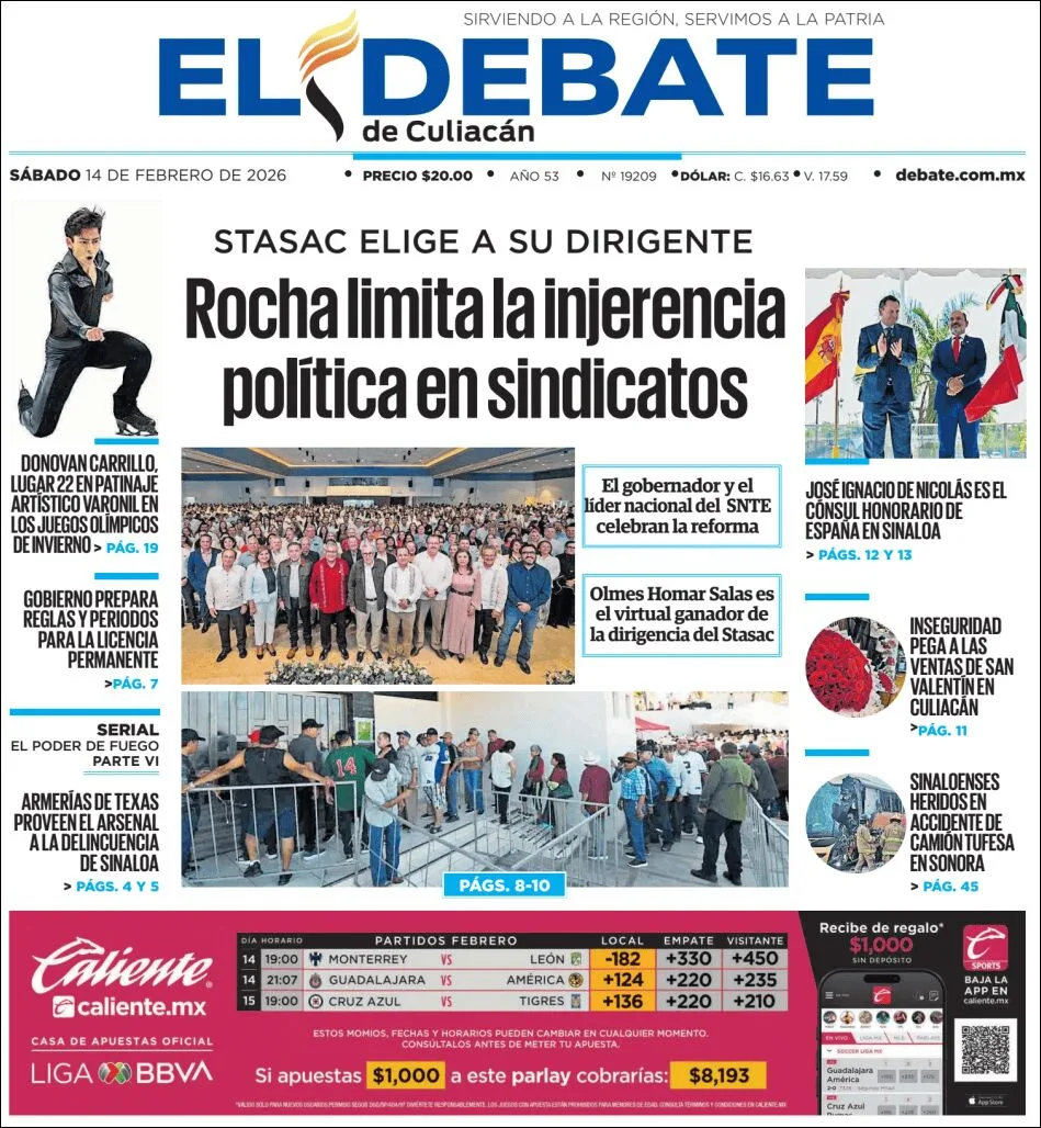 Portada de El Debate de Culiacan del sábado, 14 de febrero de 2026