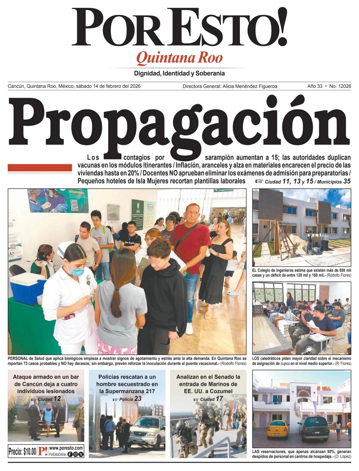 Portada de Por Esto (quintana Roo Cancun) del sábado, 14 de febrero de 2026