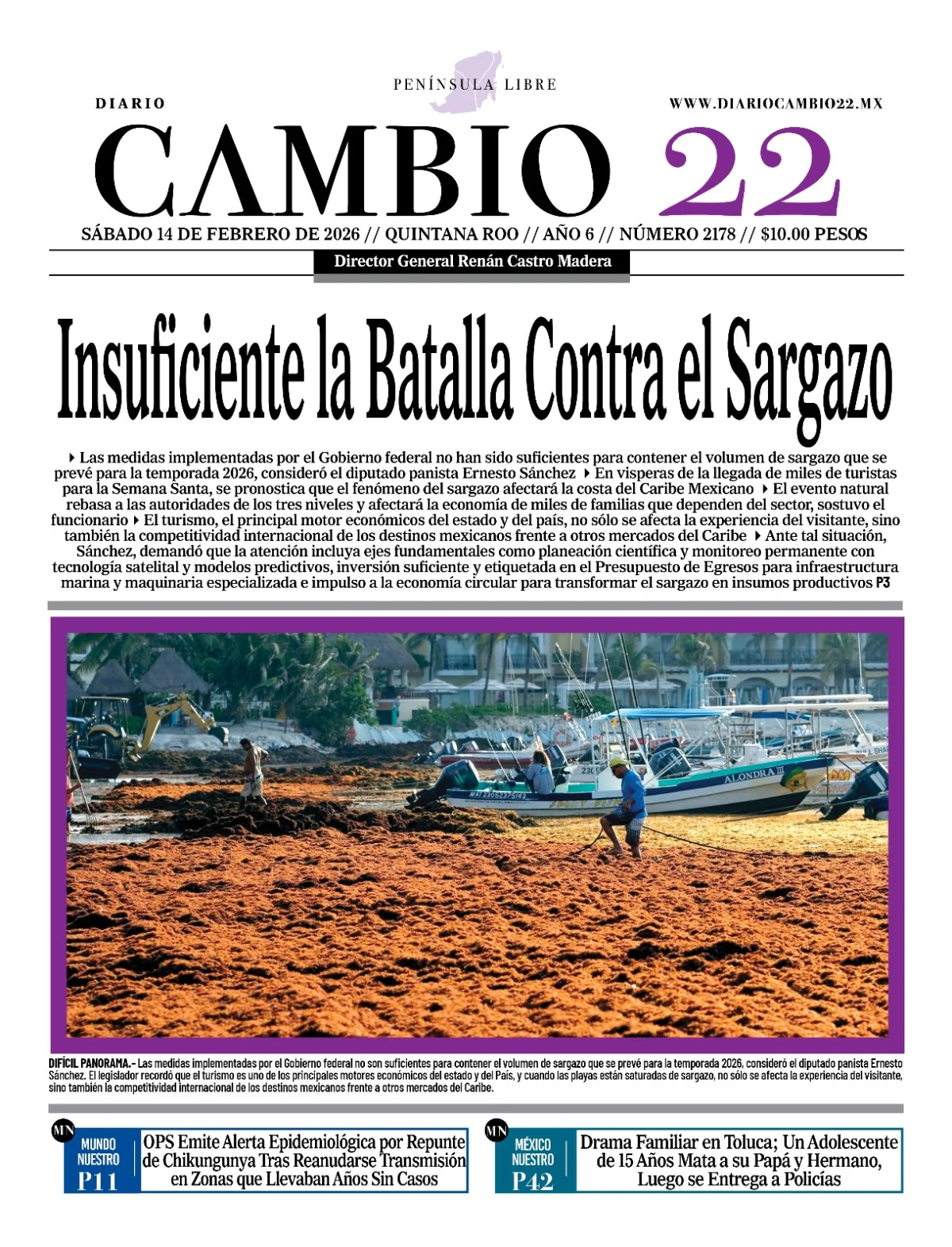 Portada de Diario Cambio 22 (portada) del sábado, 14 de febrero de 2026