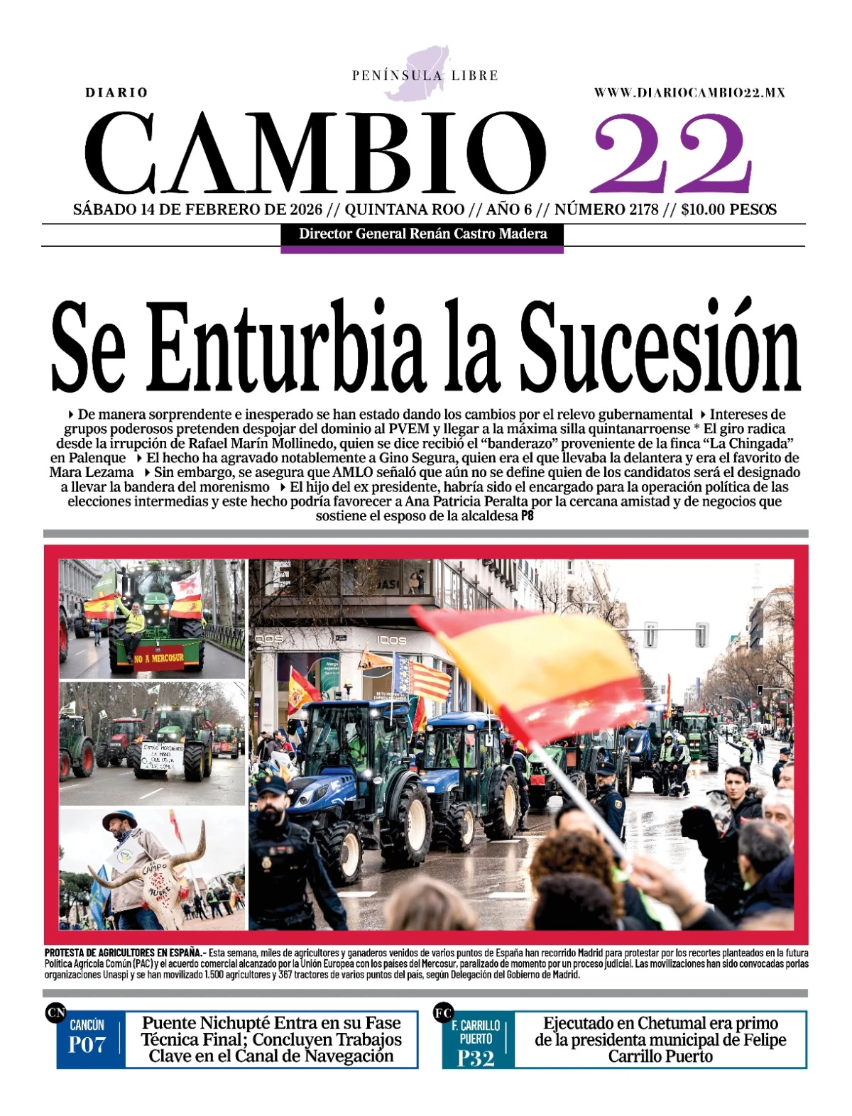 Portada de Diario Cambio 22 (contraportada) del sábado, 14 de febrero de 2026