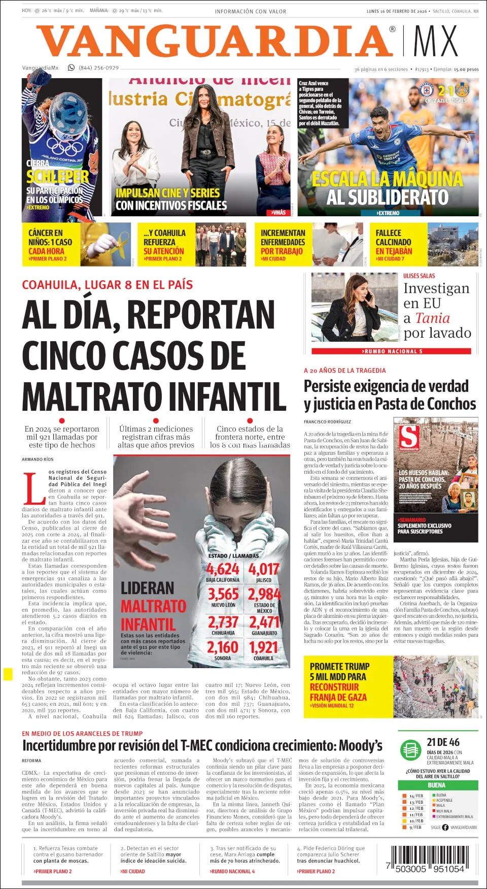 Portada de Vanguardia del lunes, 16 de febrero de 2026