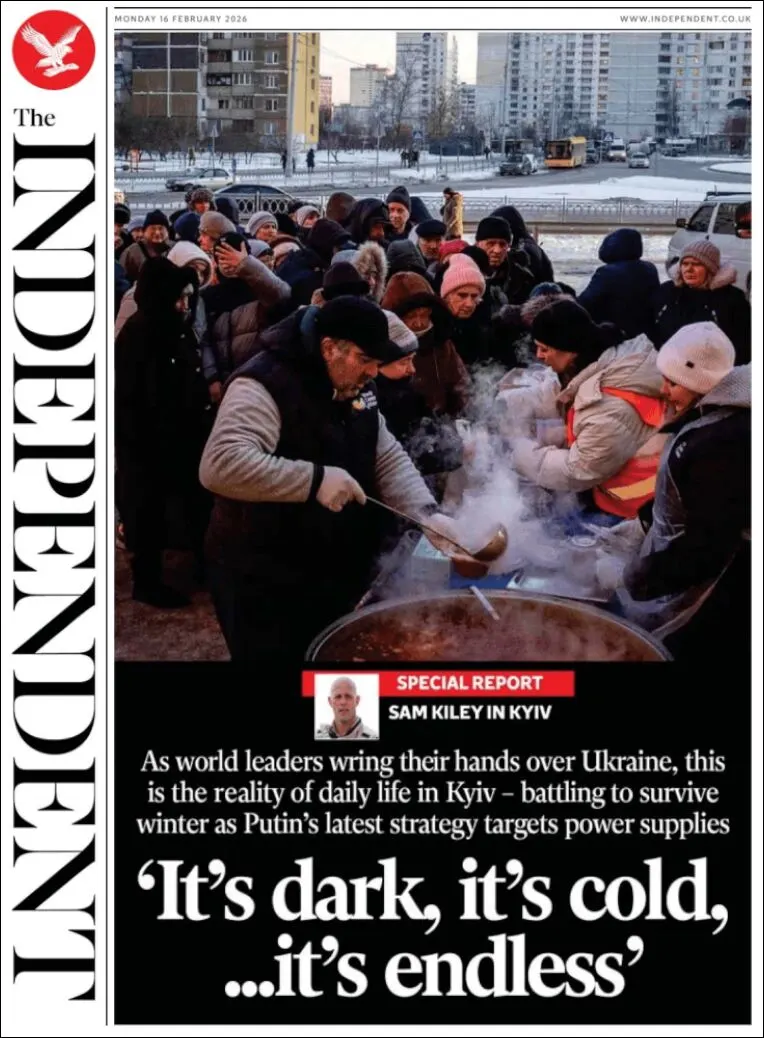 Portada de The Independent del lunes, 16 de febrero de 2026