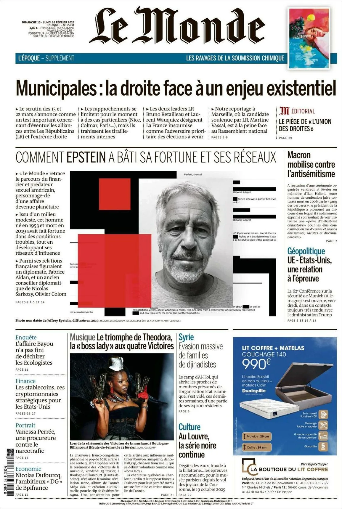 Portada de Le Monde del lunes, 16 de febrero de 2026