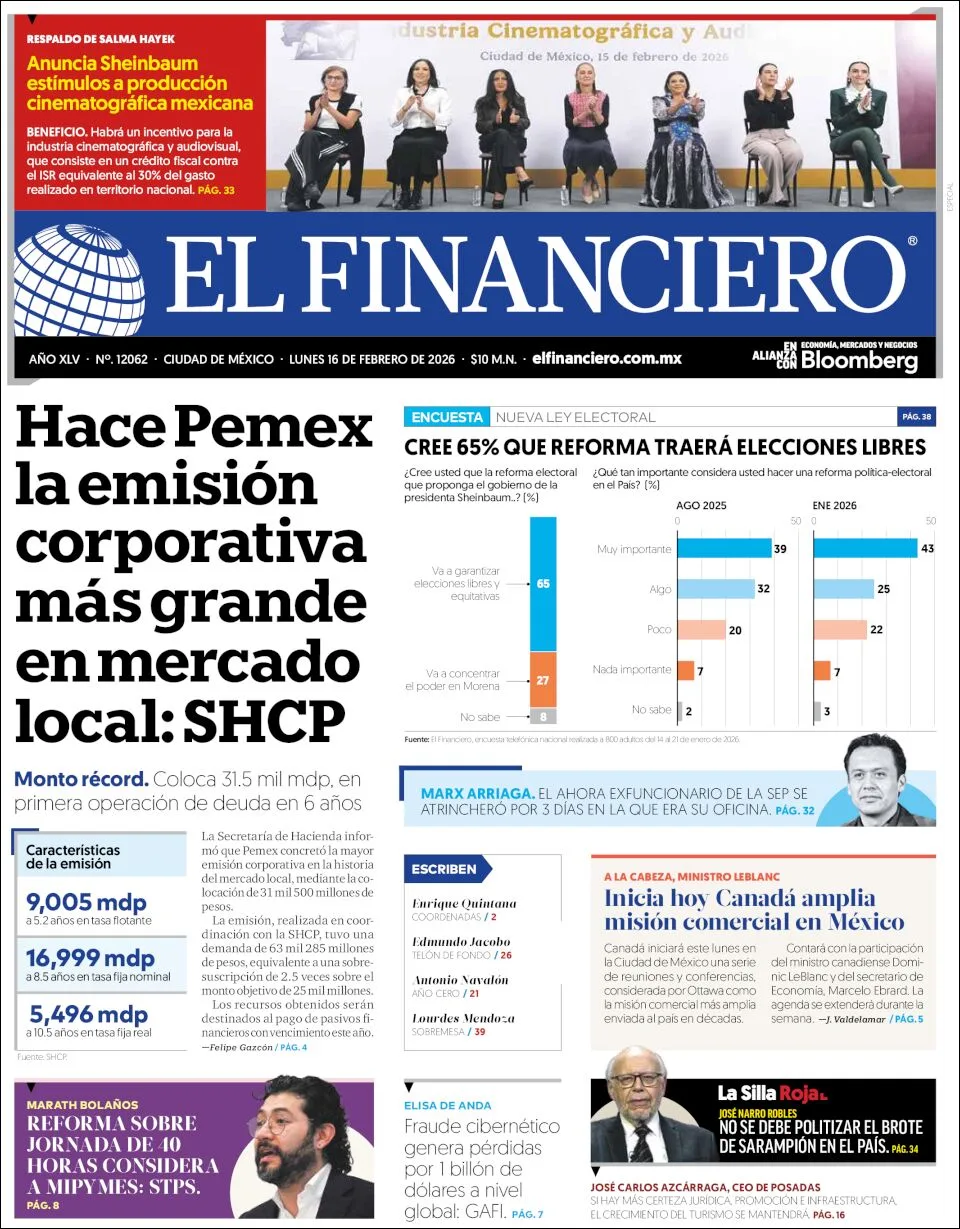 Portada de El Financiero del lunes, 16 de febrero de 2026