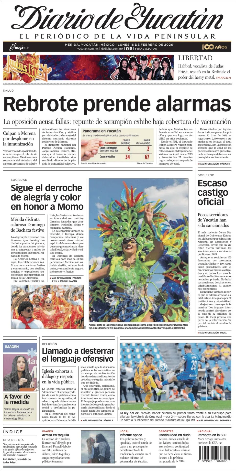 Portada de Diario de Yucatán del lunes, 16 de febrero de 2026