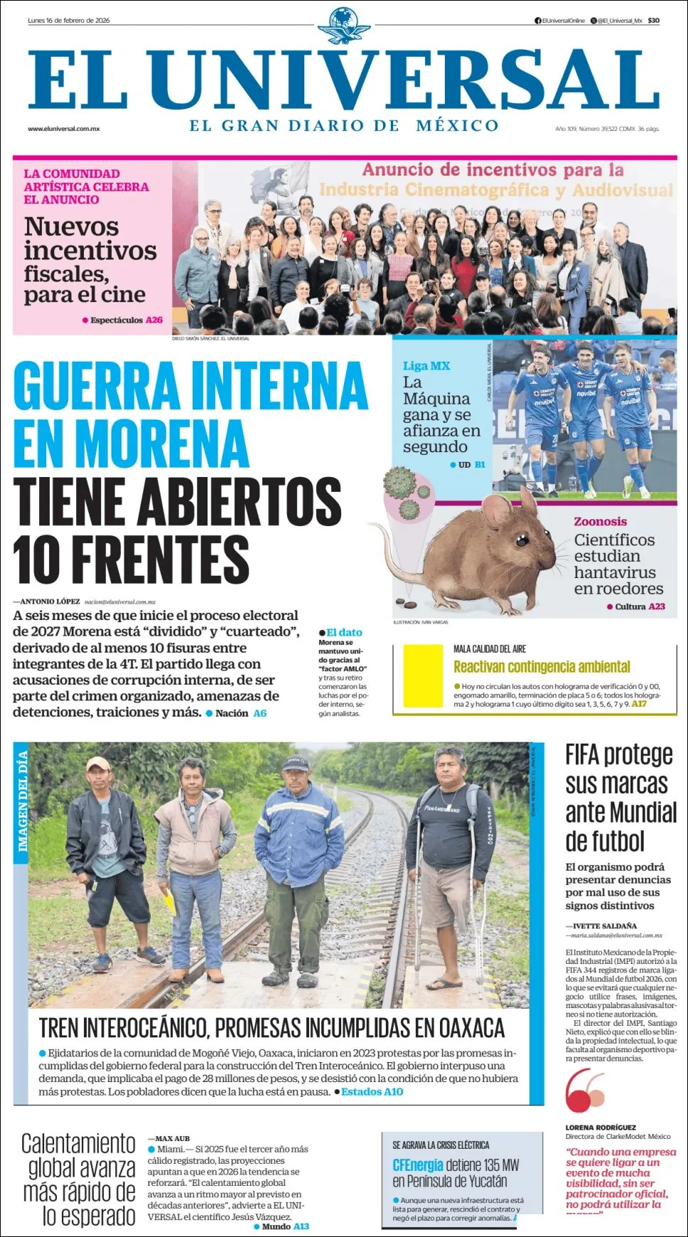 Portada de El Universal del lunes, 16 de febrero de 2026
