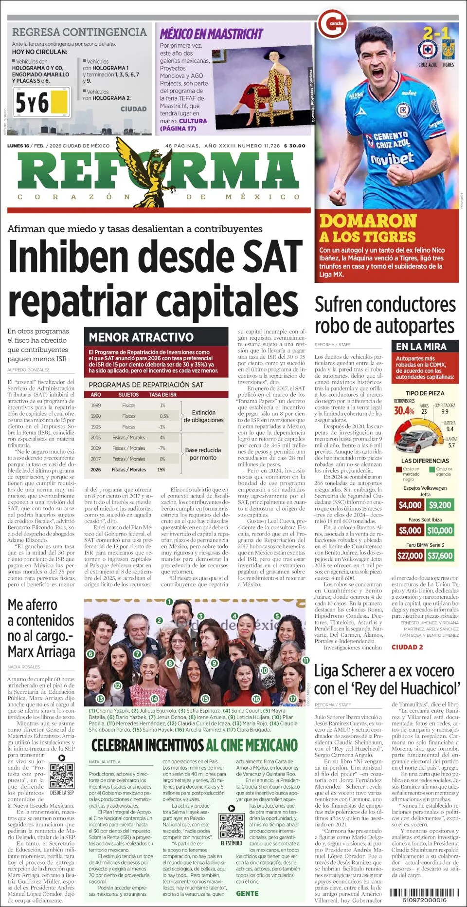 Portada de Reforma del lunes, 16 de febrero de 2026