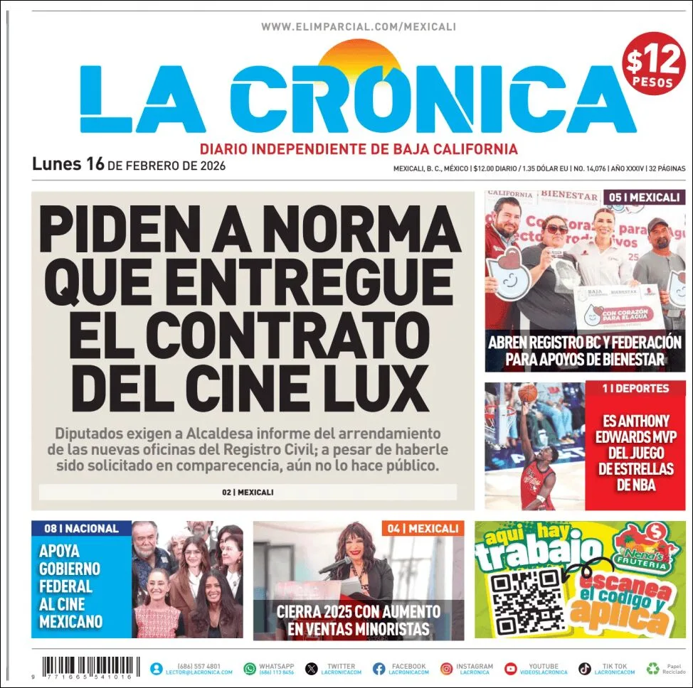 Portada de La Cronica del lunes, 16 de febrero de 2026