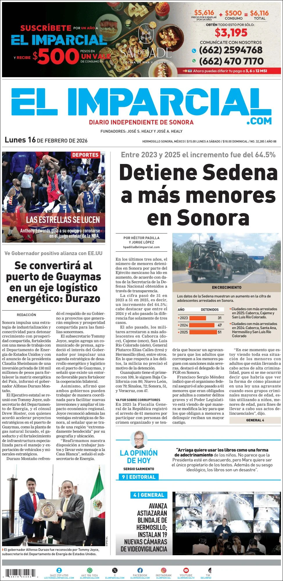 Portada de El Imparcial del lunes, 16 de febrero de 2026