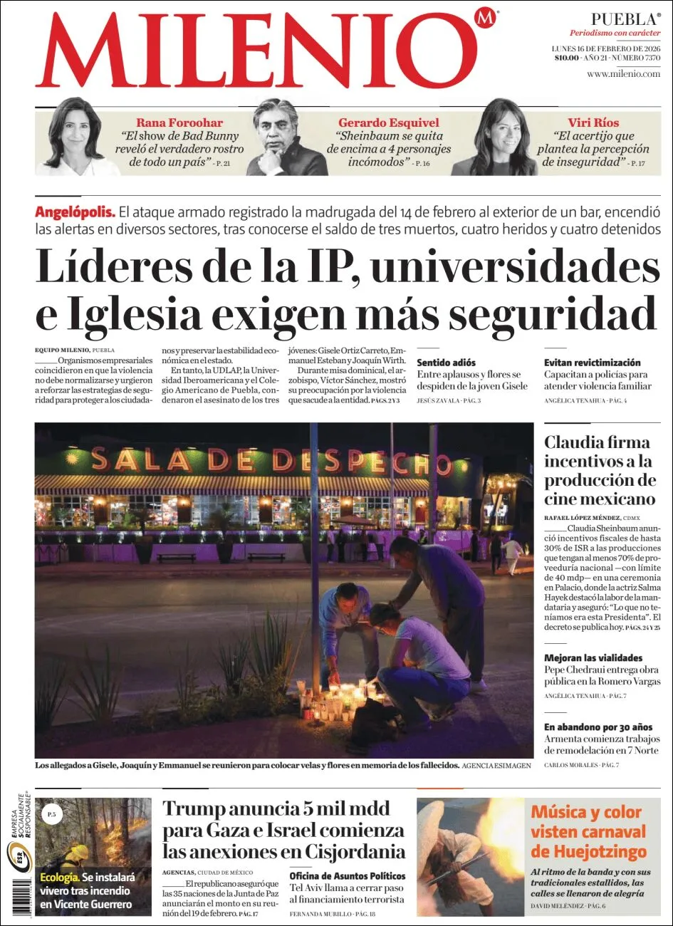 Portada de Milenio Puebla del lunes, 16 de febrero de 2026