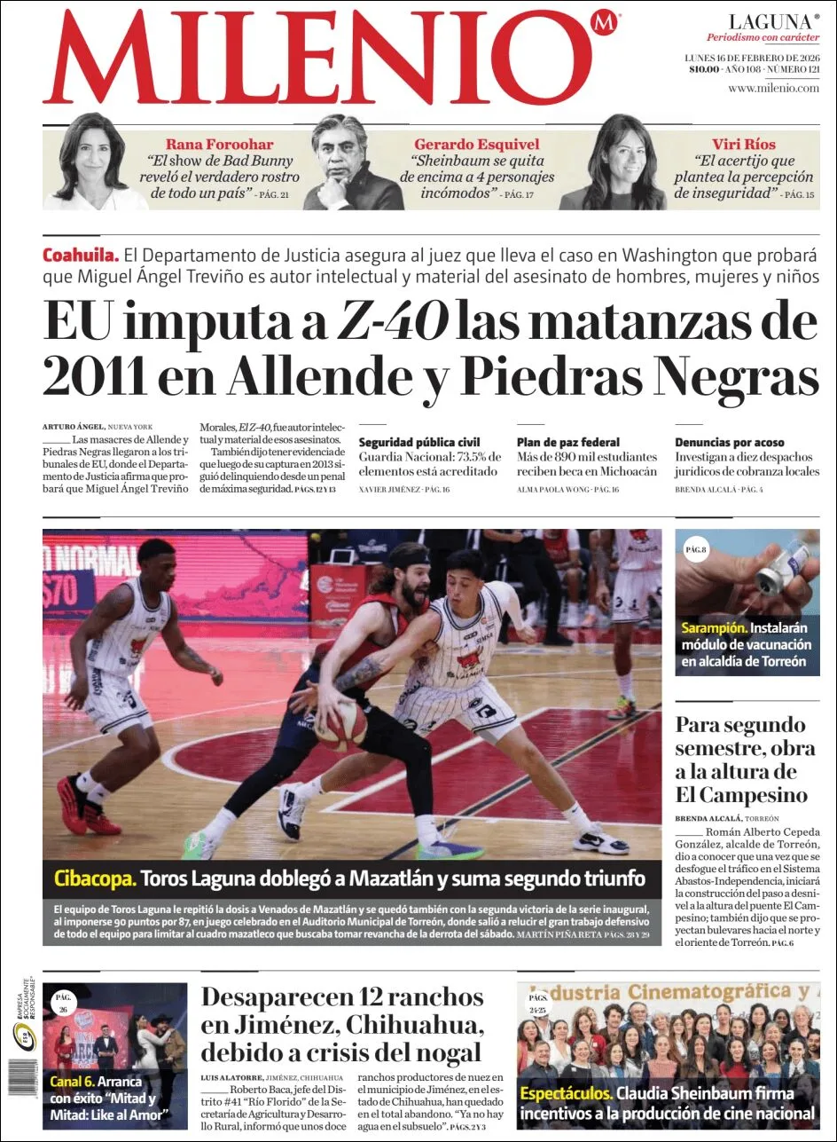 Portada de Milenio Laguna del lunes, 16 de febrero de 2026