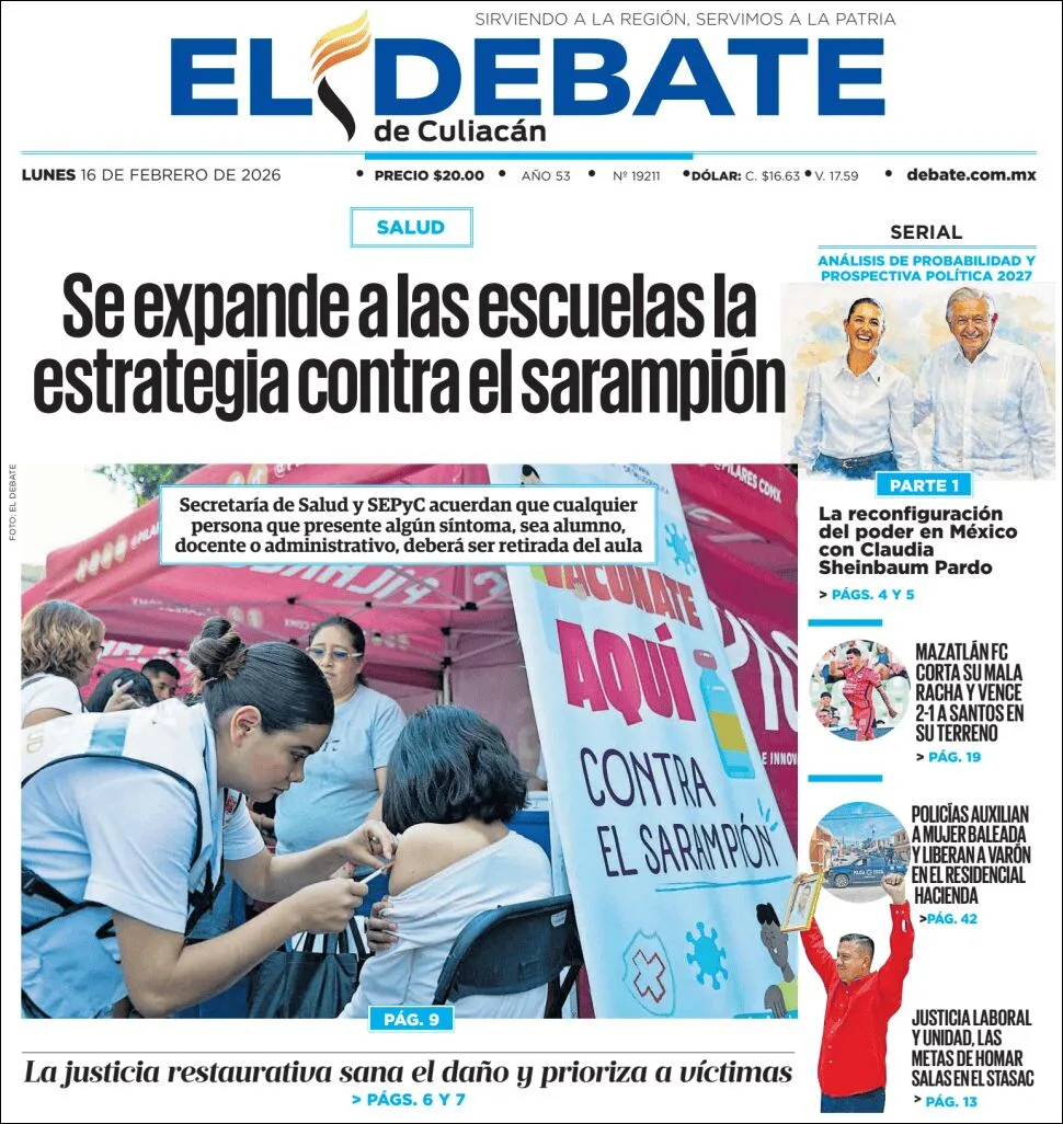 Portada de El Debate de Culiacan del lunes, 16 de febrero de 2026