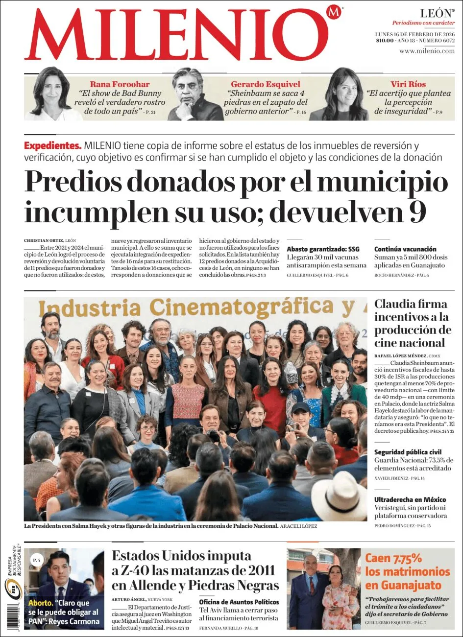 Portada de Milenio Leon del lunes, 16 de febrero de 2026