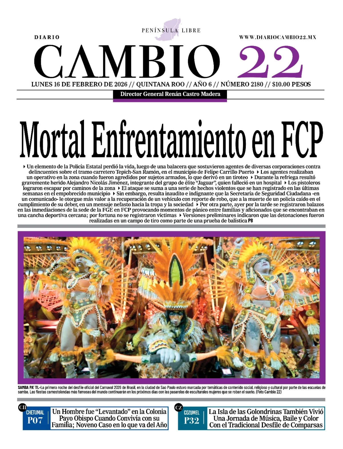Portada de Diario Cambio 22 (portada) del lunes, 16 de febrero de 2026