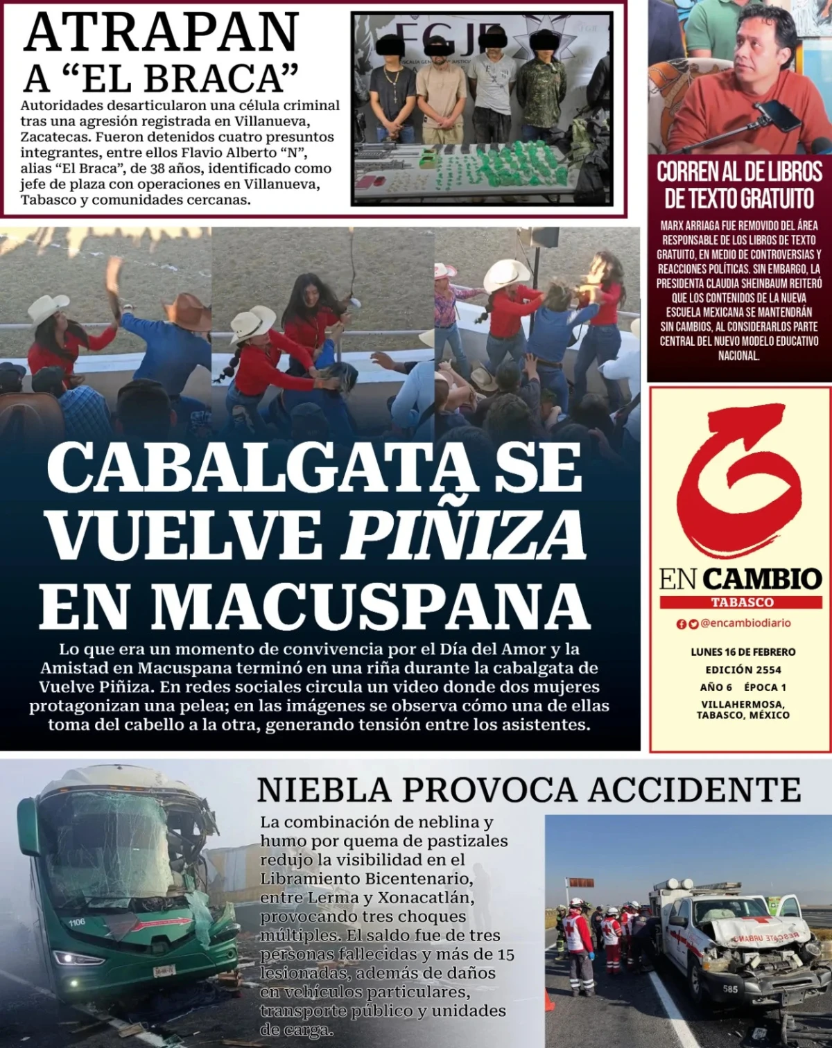 Portada de En Cambio - Tabasco (portada) del lunes, 16 de febrero de 2026