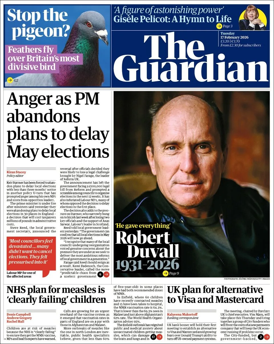 Portada de The Guardian (reino Unido) del martes, 17 de febrero de 2026