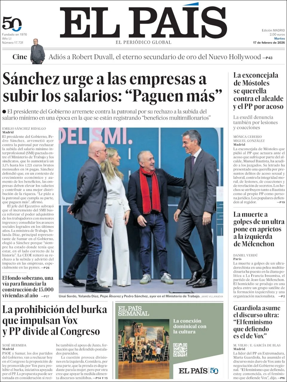 Portada de El Pais del martes, 17 de febrero de 2026