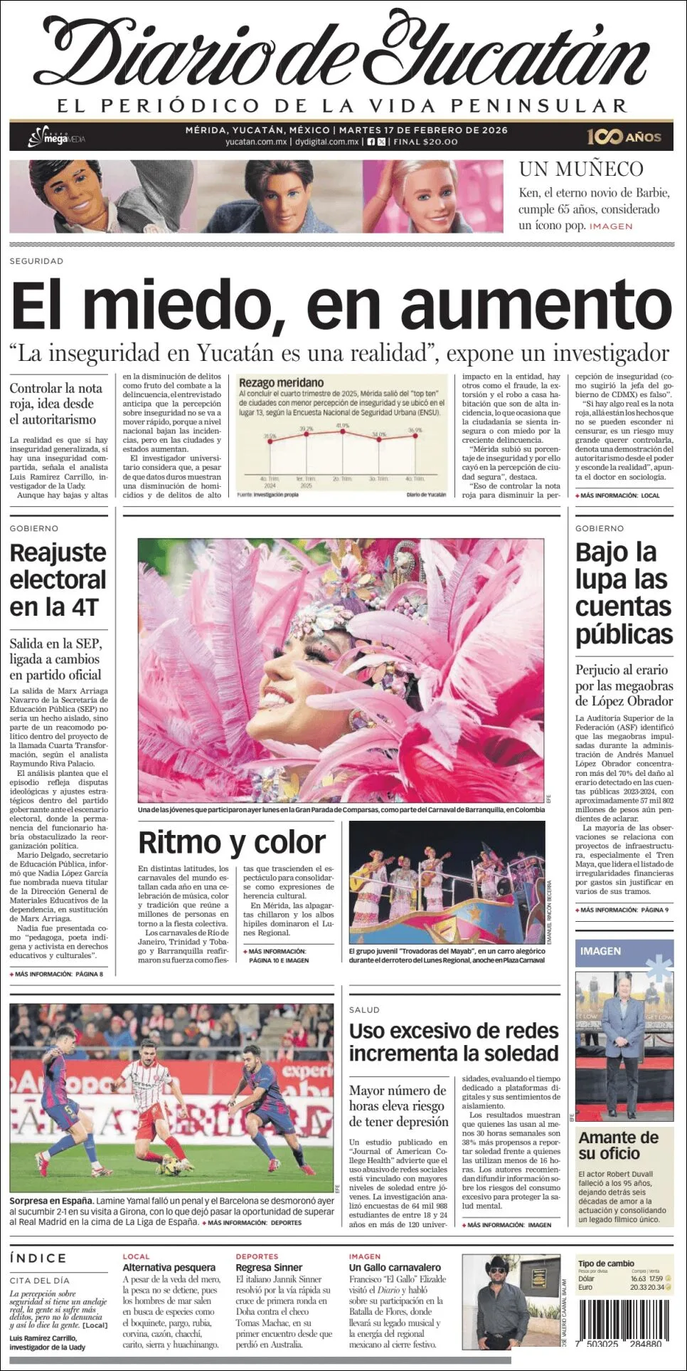 Portada de Diario de Yucatán del martes, 17 de febrero de 2026
