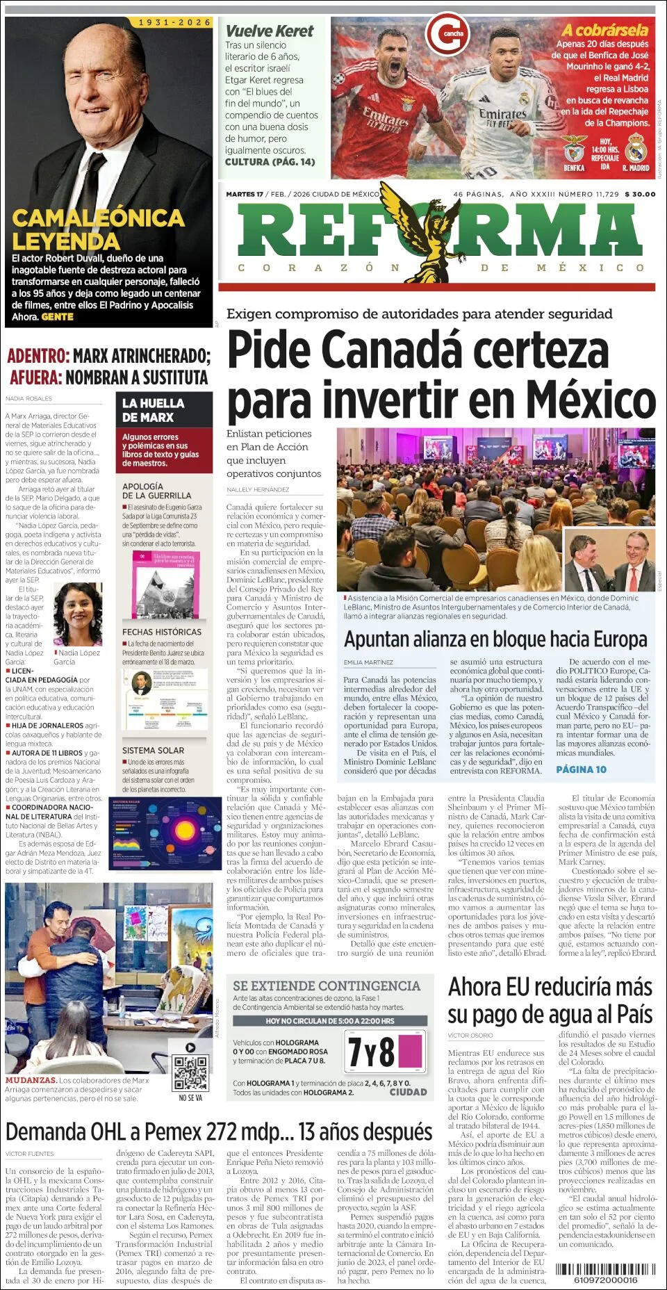 Portada de Reforma del martes, 17 de febrero de 2026