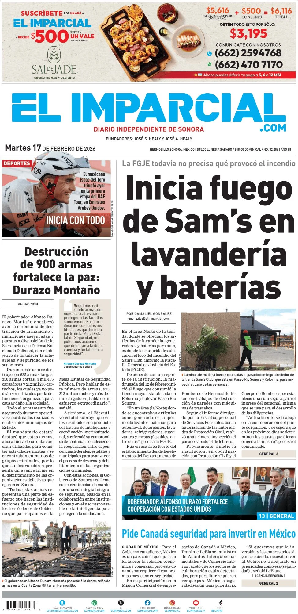Portada de El Imparcial del martes, 17 de febrero de 2026