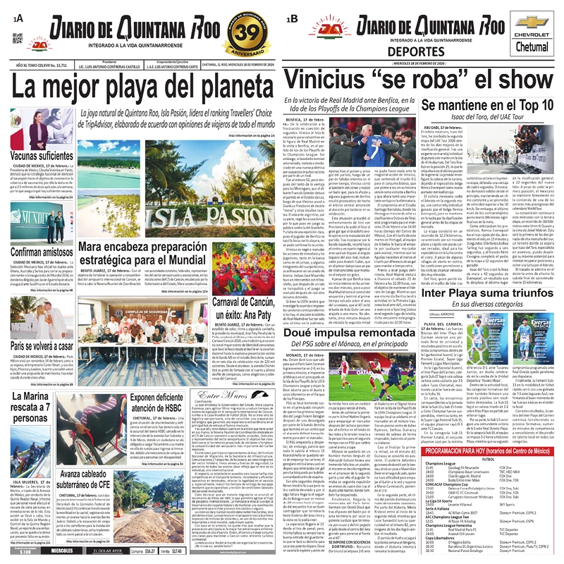Portada de Diario de Quintana Roo (portada) del viernes, 20 de febrero de 2026