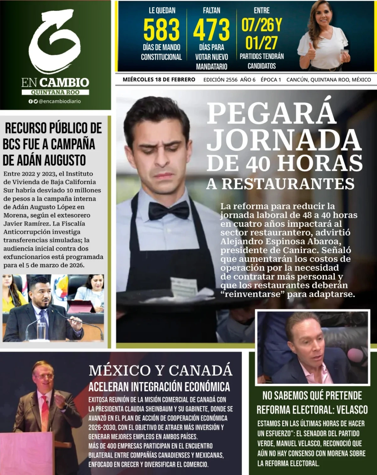 Portada de En Cambio - Quintana Roo (contraportada) del miércoles, 18 de febrero de 2026