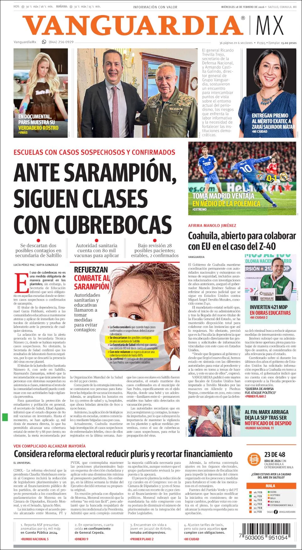 Portada de Vanguardia del miércoles, 18 de febrero de 2026