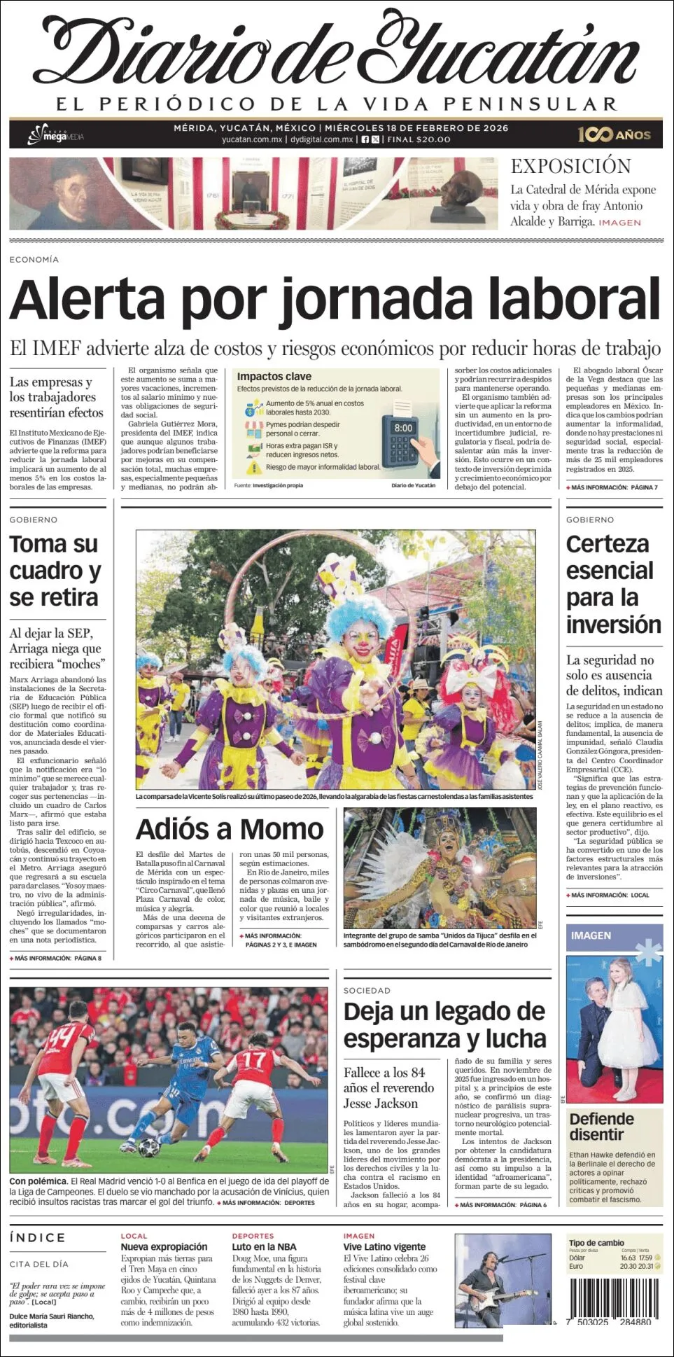 Portada de Diario de Yucatán del miércoles, 18 de febrero de 2026